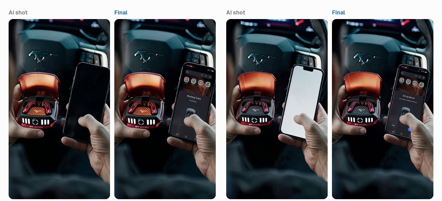 AI-generated phone with a blank screen compared with the final shot showing GoBoult's real Google Fast Pair pairing screen