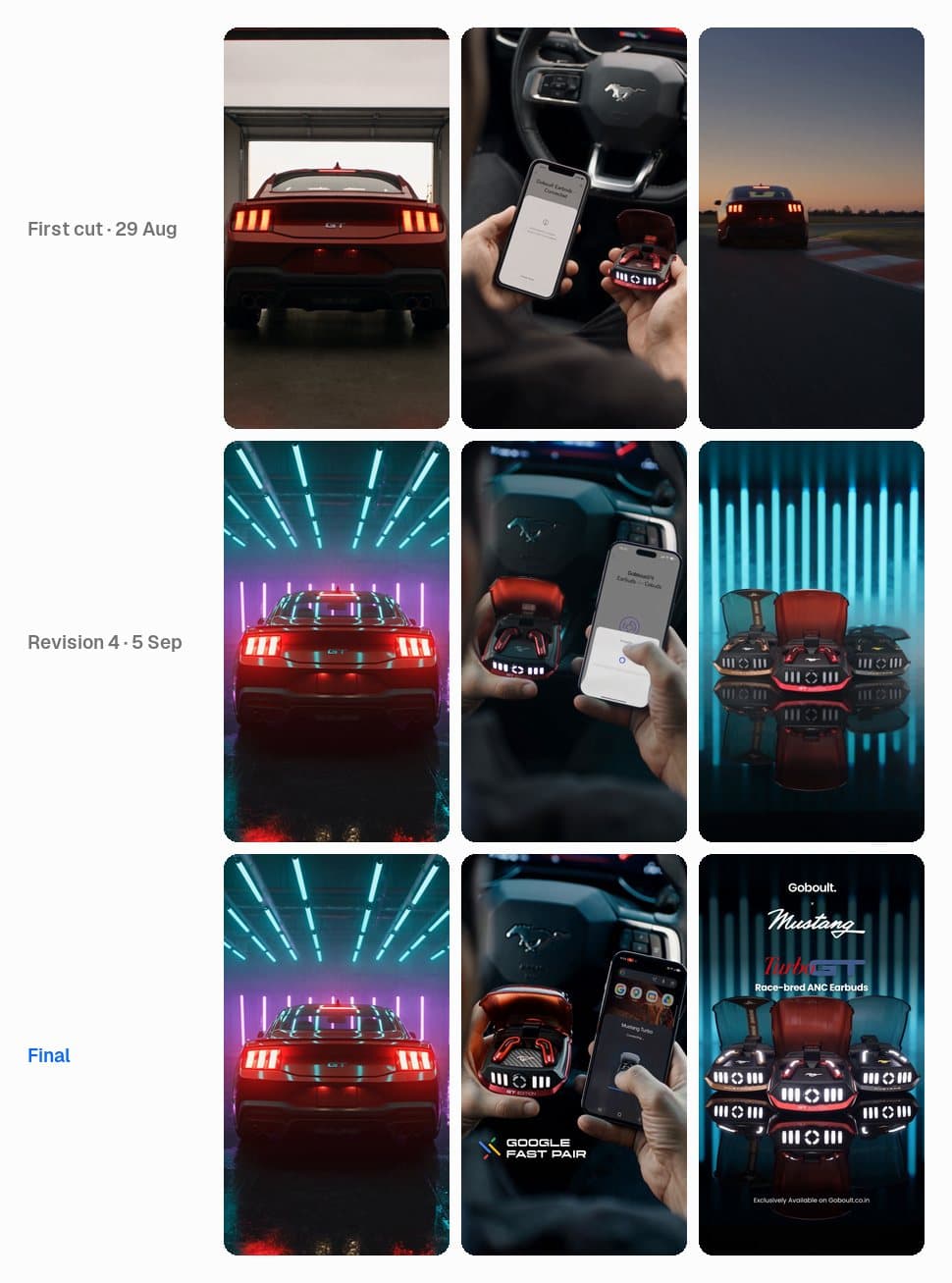 Three versions of the GoBoult Mustang Turbo GT car film: first cut in daylight, revision 4 in the neon world, and the final with callouts and end slate