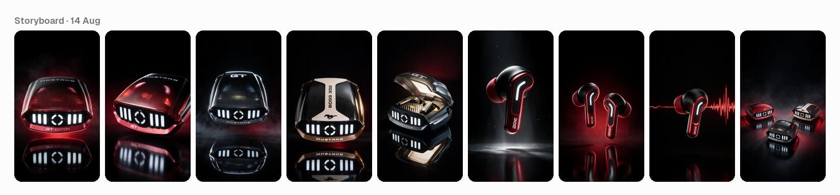 Storyboard stills for the GoBoult Mustang Turbo GT AI ad: each colourway of the case, the earbuds and the trio shot