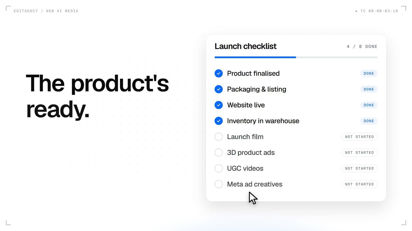 Launch checklist with the product, packaging, website and inventory done, and the launch film, 3D product ads, UGC videos and Meta ad creatives not started