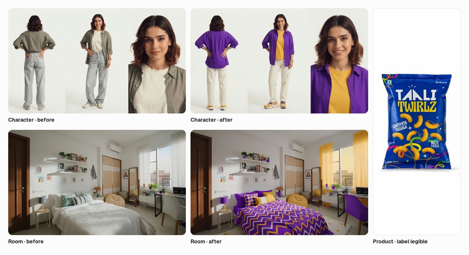 Locked reference images for the Taali Twirlz AI ad: character before and after, bedroom before and after, and the Taali Twirlz pack