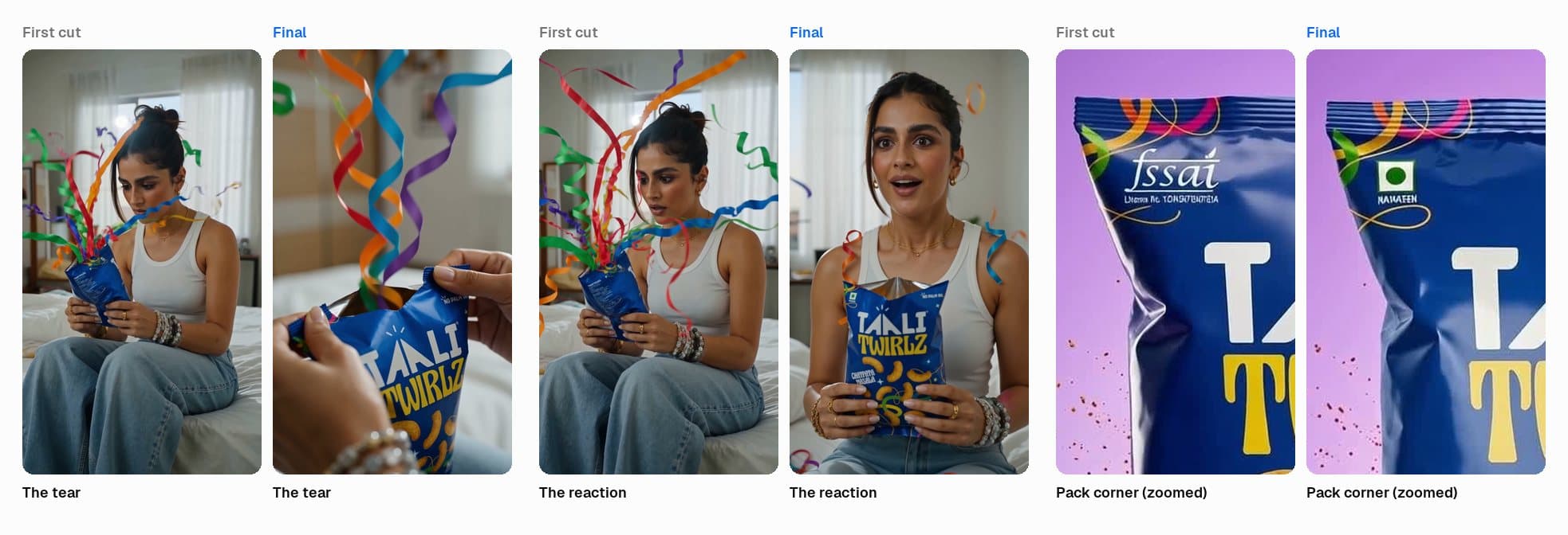 First cut compared with the final Taali Twirlz ad: the tear, the reaction and the pack label